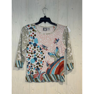 Women's Take Two Cream Multi-Color Butterfly Beaded Long Sleeve Tee Size L